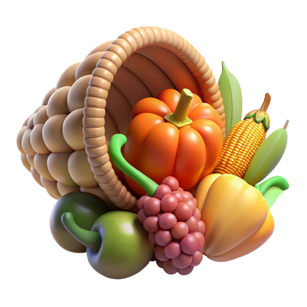 serene abstract Thanksgiving Cornucopia with Fruits and Vegetables Isolated high quality png