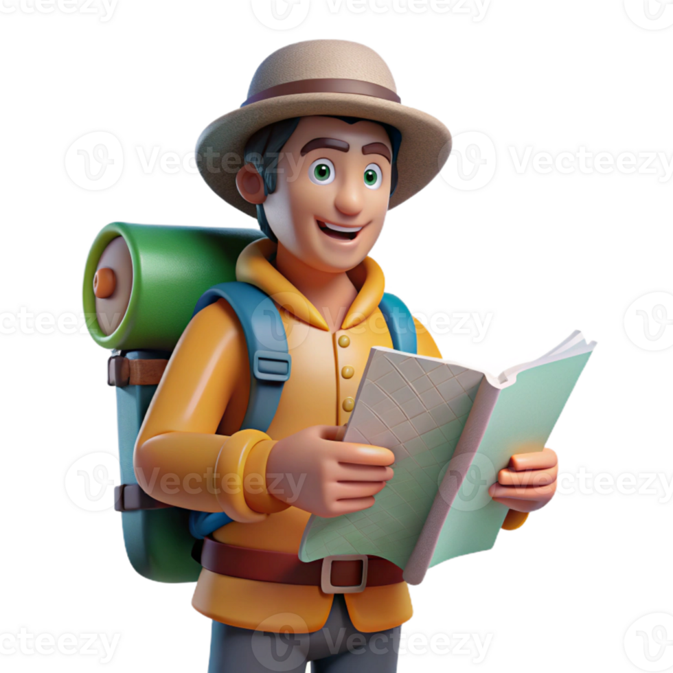 vibrant artistic Tourist with Backpack and Map Isolated genuine png