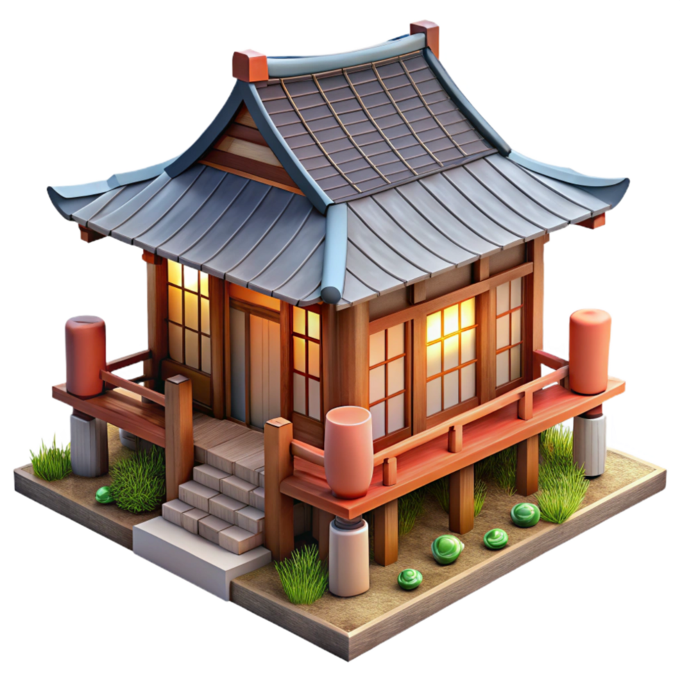 dramatic classic Traditional Japanese House with Garden Transparent Background premium png