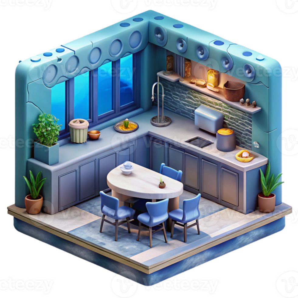 dramatic minimalist Underwater Restaurant Kitchen Interior View Isolated professional png