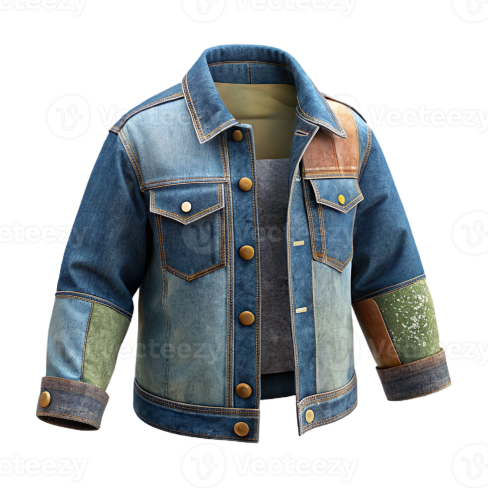 serene creative Upcycled Denim Jacket Patchwork Isolated authentic png