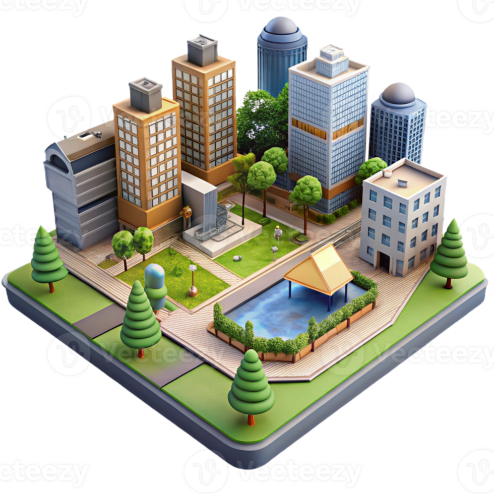 magnificent minimalist Urban Landscape with Park and Buildings Transparent Background png