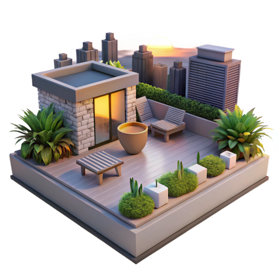 stunning artistic Urban Rooftop Garden Sunset View Isolated png