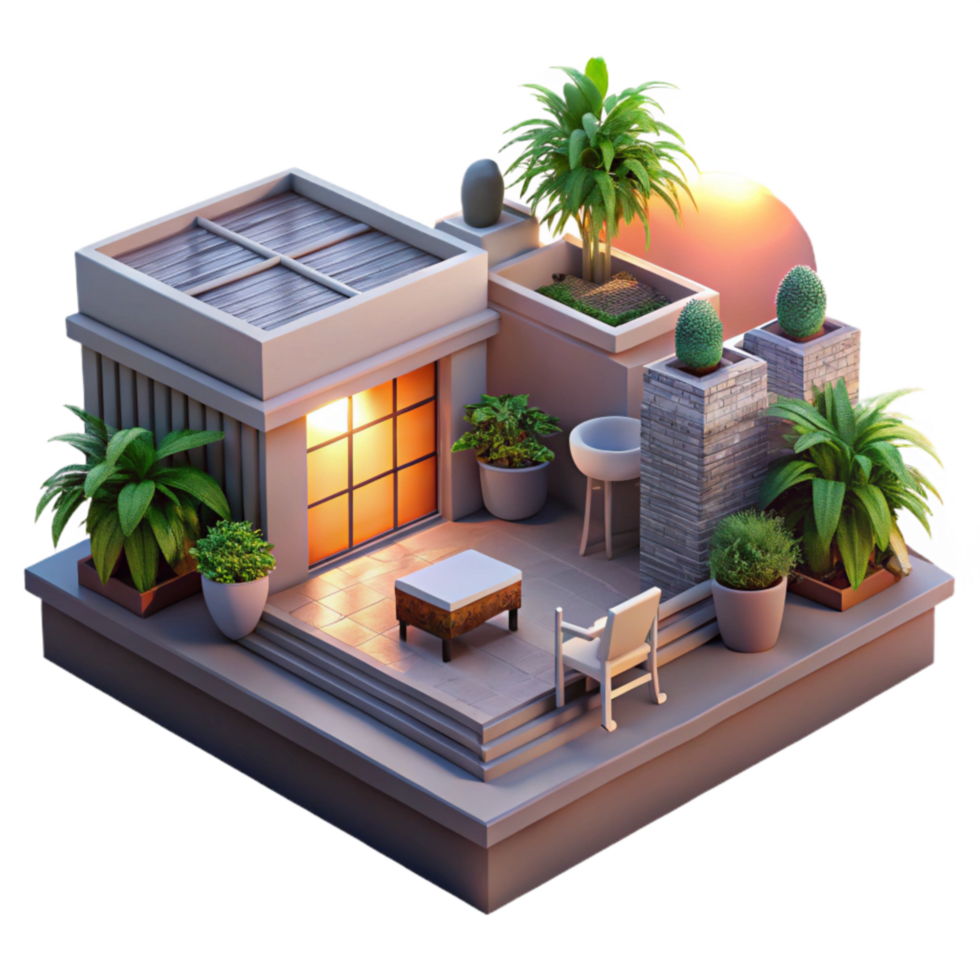 serene creative Urban Rooftop Garden Sunset View Isolated png