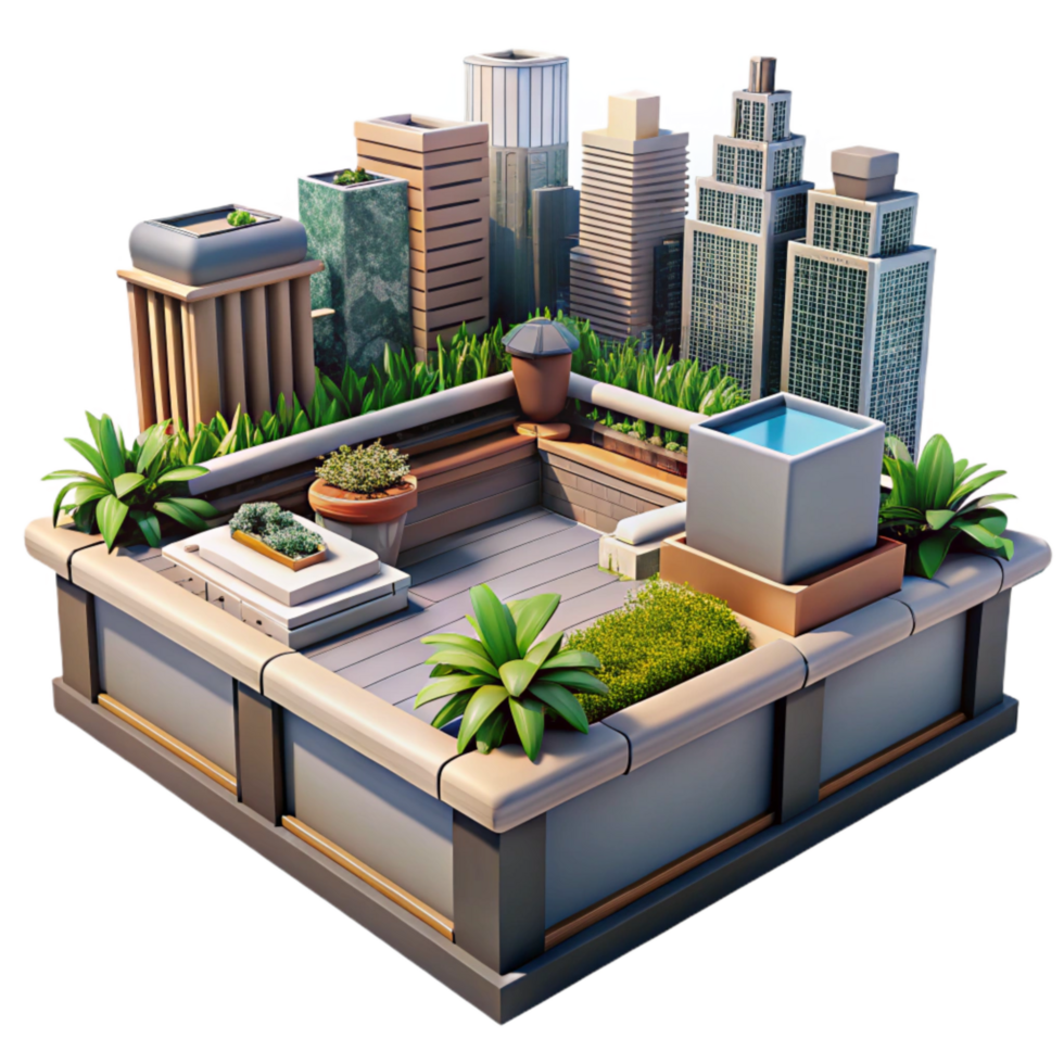 stunning minimalist Urban Rooftop Garden City View Isolated high resolution png