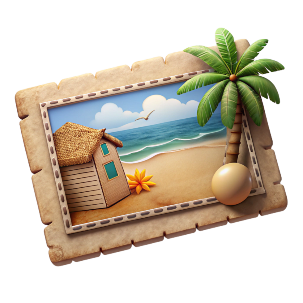 serene minimalist Vintage Postcard with Beach Scene Isolated genuine png