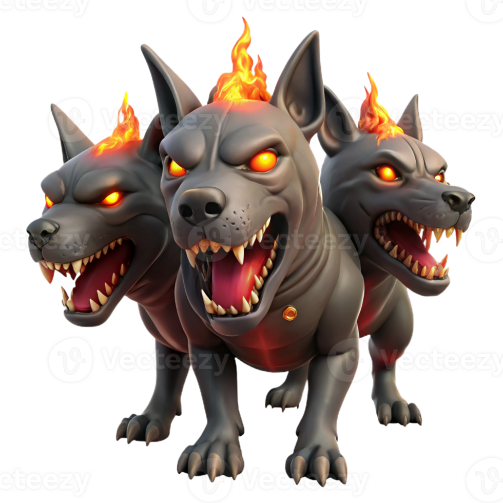 vibrant contemporary Cerberus Three Heads Snarling Hellfire In high quality png