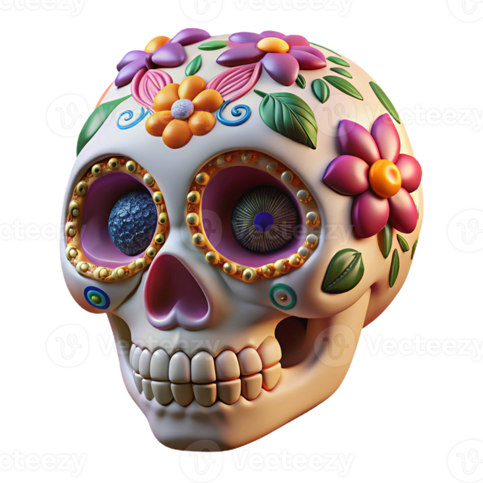serene traditional Portrait of a Whimsical Sugar Skull with In high quality png