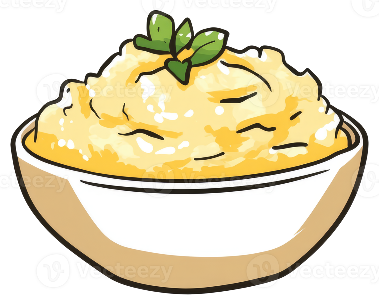 A bowl of creamy yellow food with green garnish png
