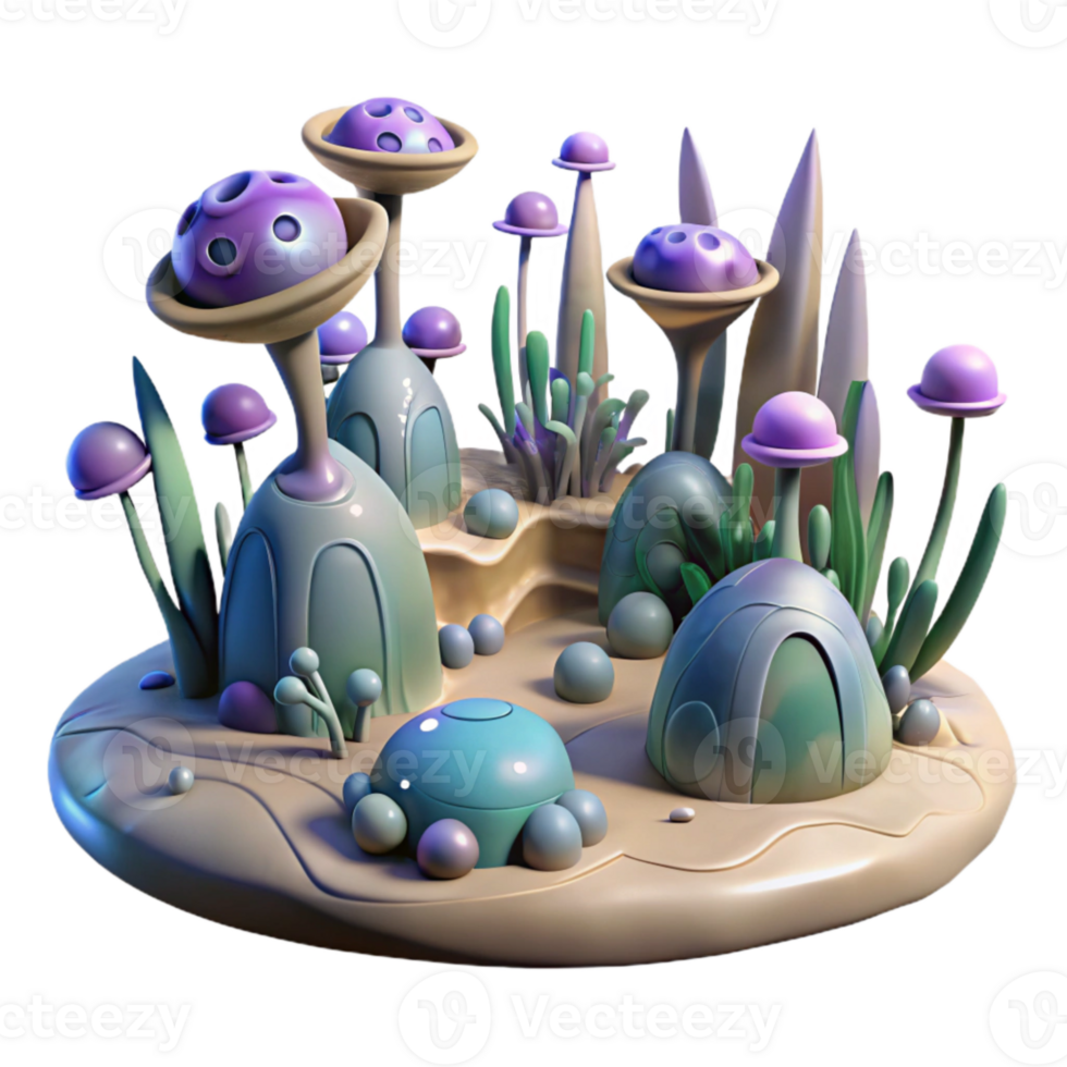 impressive vintage Alien Landscape with Strange Plants Transparent Background high resolution png