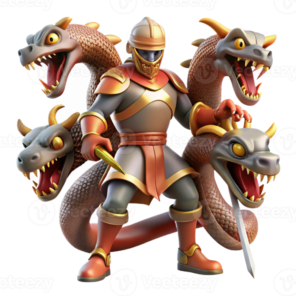 impressive modern A Courageous Knight Battling a Three Head exclusive png