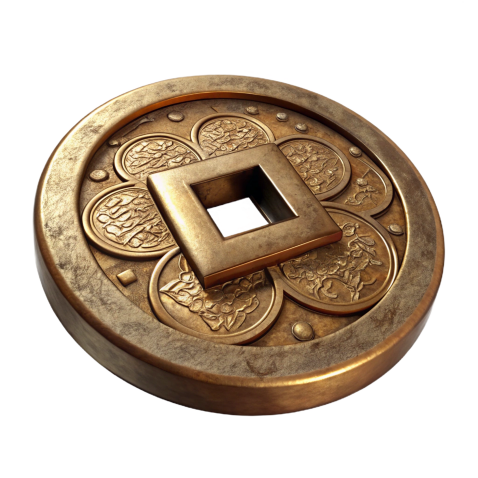 beautiful minimalist Ancient Chinese Coin Bronze Finish Front Angle genuine png