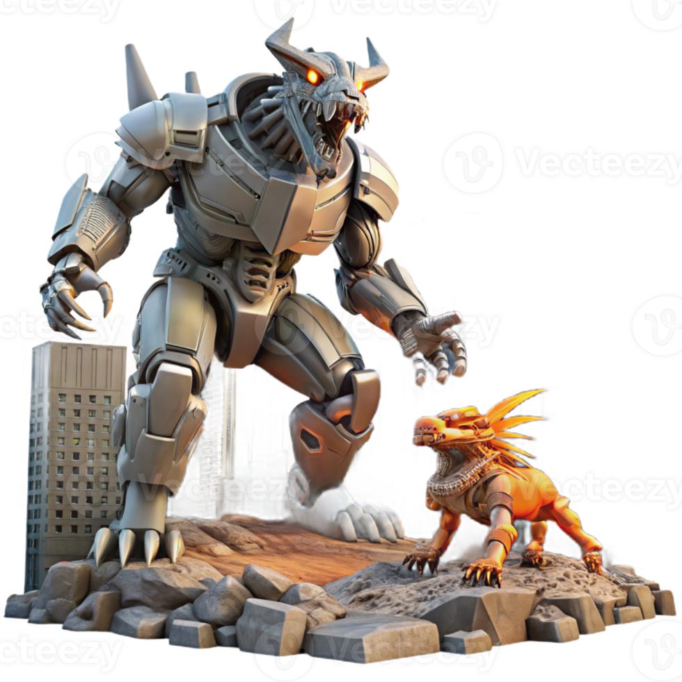 serene artistic A Giant Robot Battling a Colossal Alien C detailed png