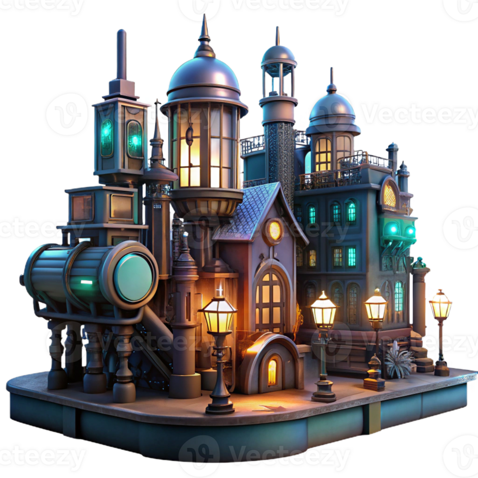 elegant rustic A Steampunk Cityscape at Night Illuminat 4K png