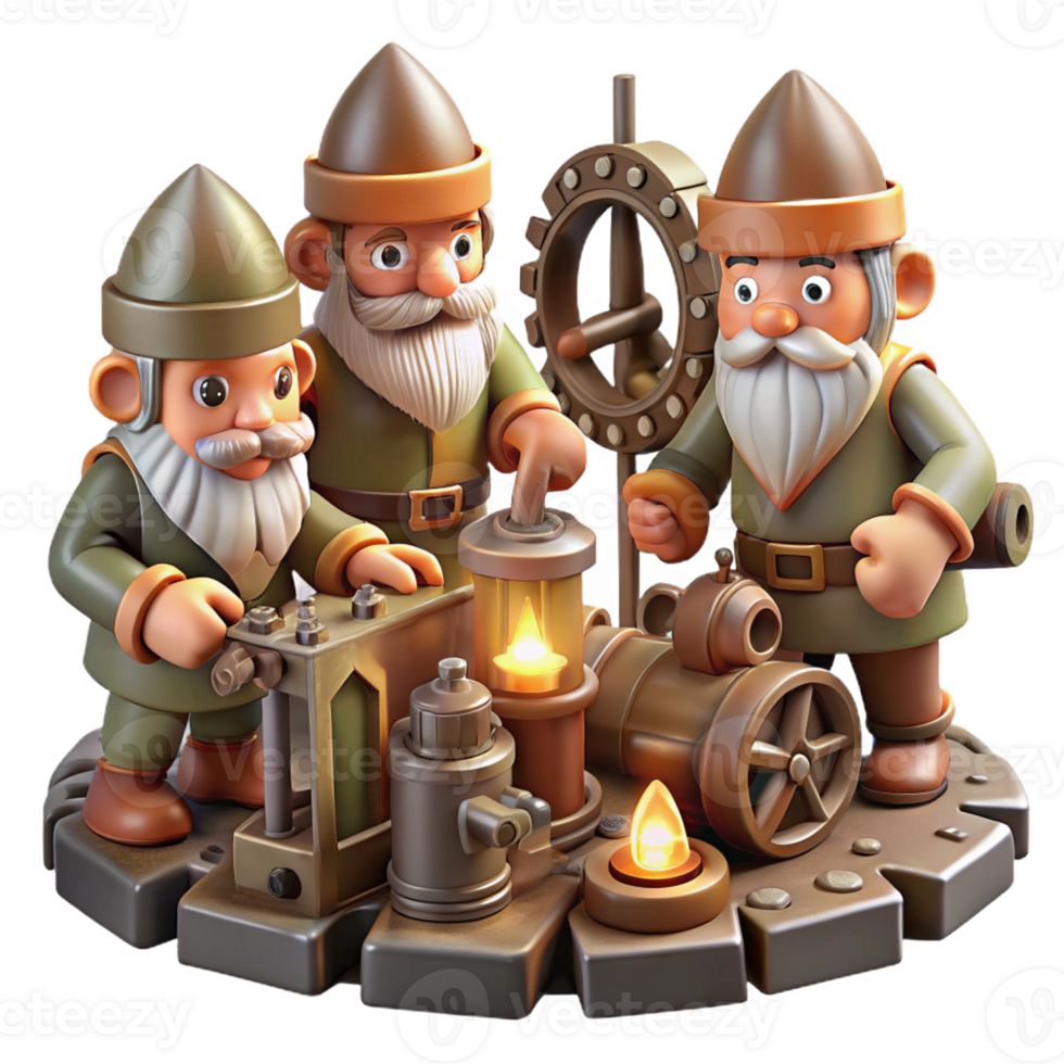 dramatic minimalist Gnomes Crafting Intricate Clocks high resolution png
