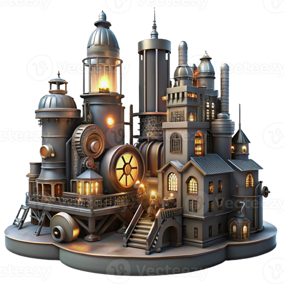 serene rustic A Steampunk Cityscape Towering Building genuine png