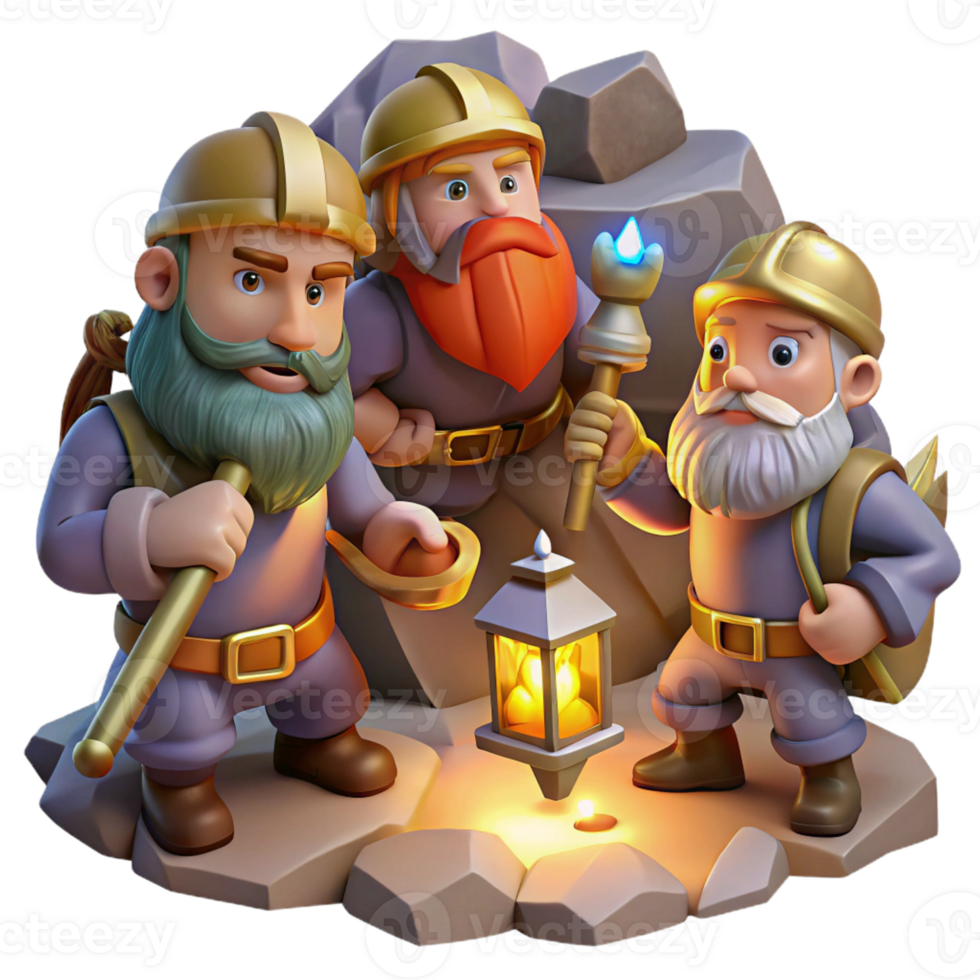 stunning vintage Dwarves Mining for Gems in Cave genuine png