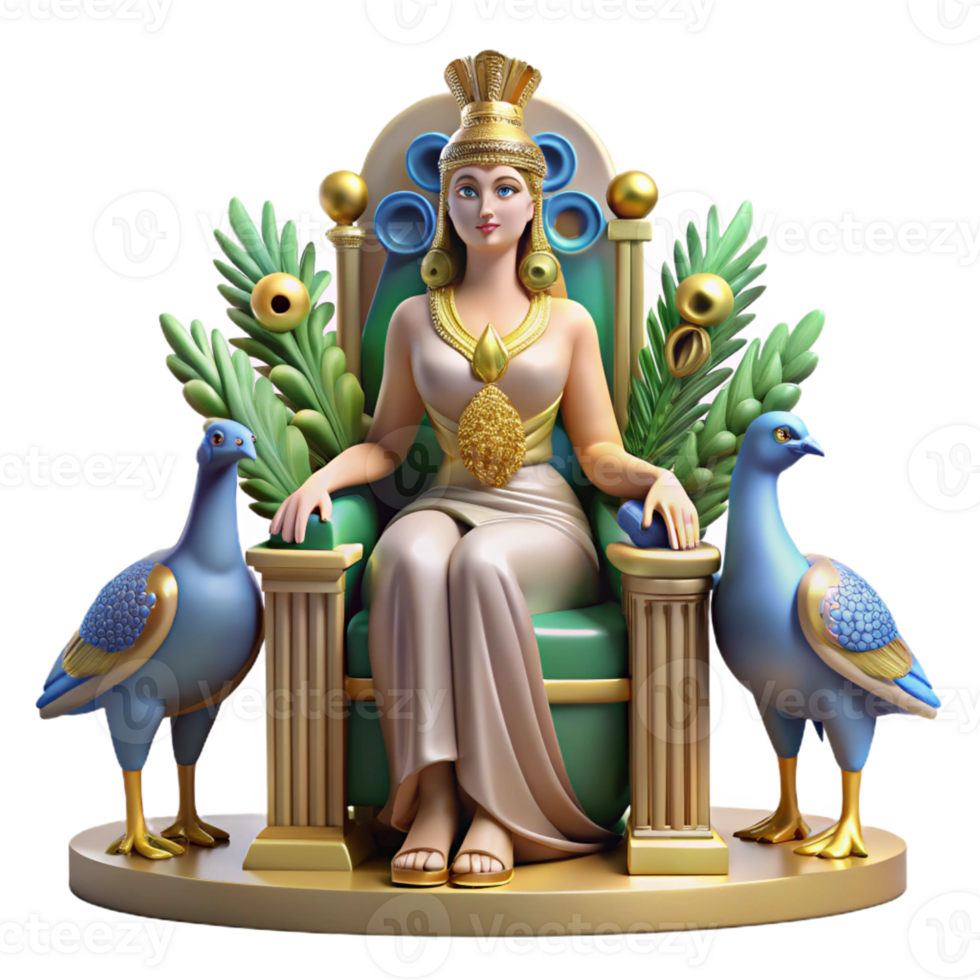wonderful traditional Hera Seated on Her Throne Peacocks Surr detailed png