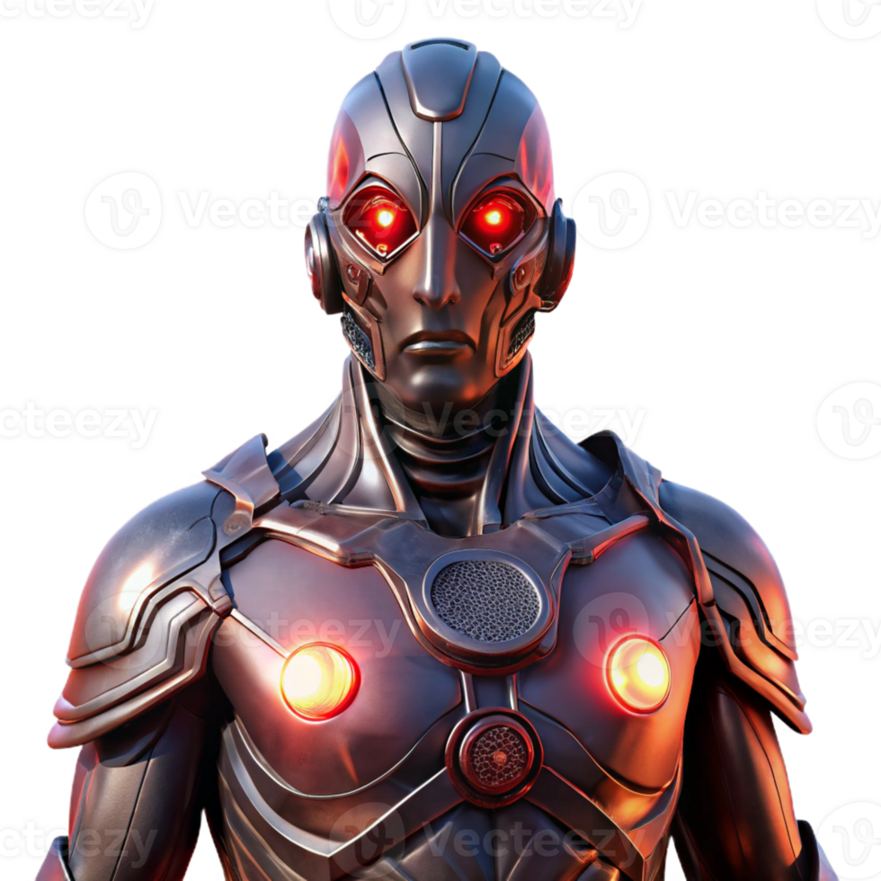 serene vintage A Cyborg with Glowing Crimson Eyes and In high resolution png