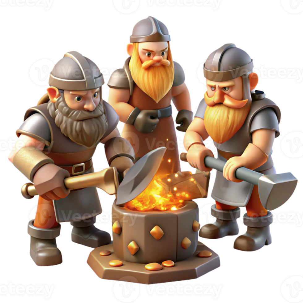impressive minimalist A Group of Dwarves Forging Weapons in A authentic png
