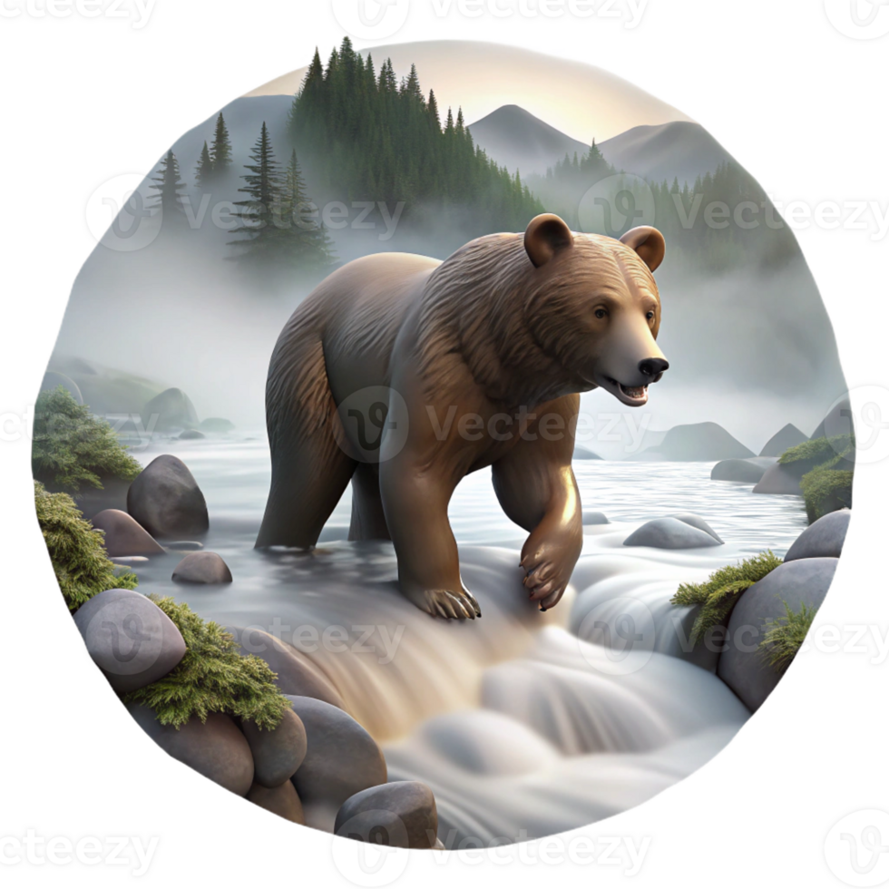 stunning modern A Grizzly Bear Fishing in a Rushing River detailed png