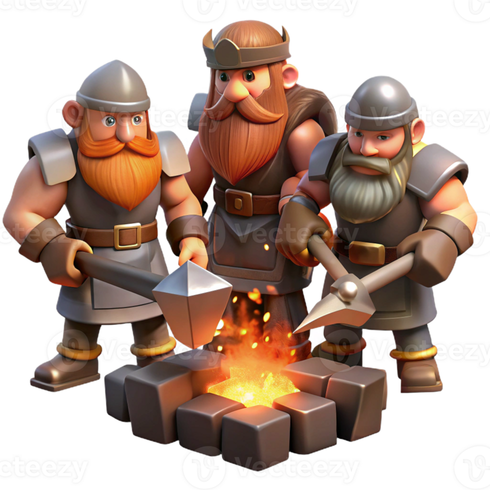 wonderful vintage A Group of Dwarves Forging Weapons in A original png