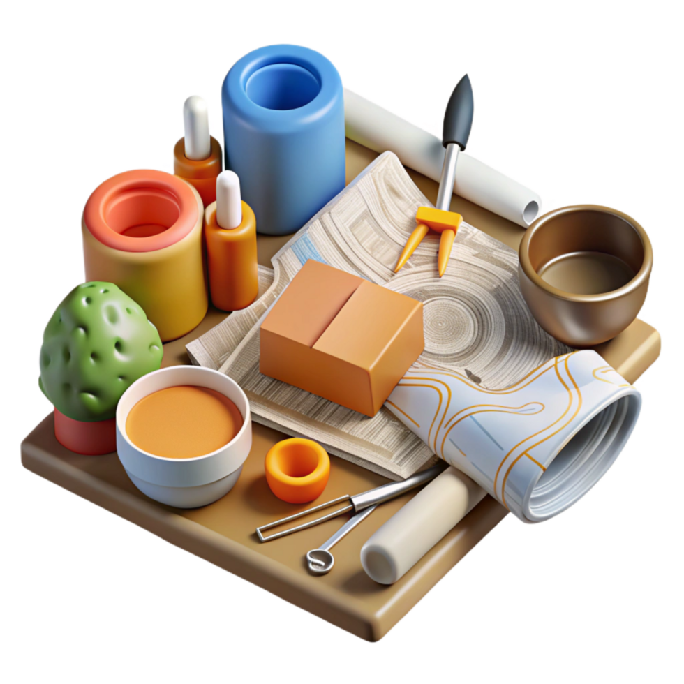 wonderful rustic Art Conservation Supplies Flat Lay Transparent Background genuine png