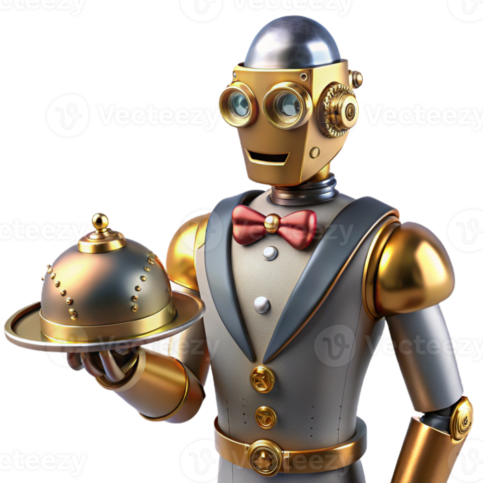 dramatic modern Steampunk Robot Butler Serving Drinks detailed png