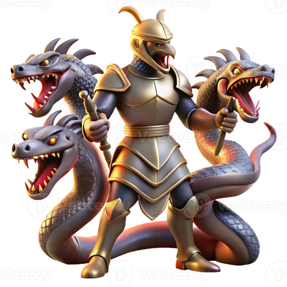 impressive traditional Knight Fighting a Three-headed Dragon premium png