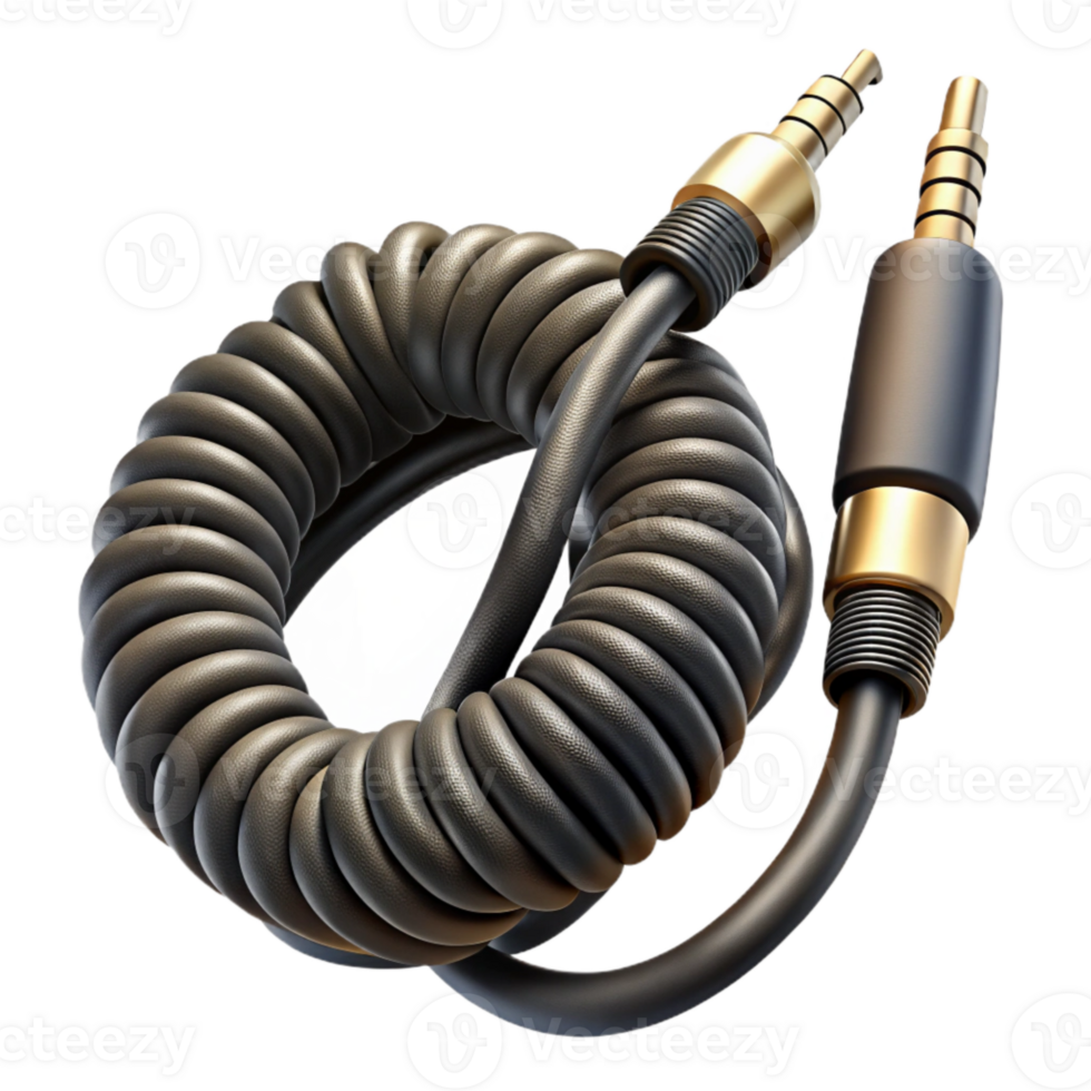 dramatic traditional Audio Cable Coiled Length Black Color Transparent Background detailed png