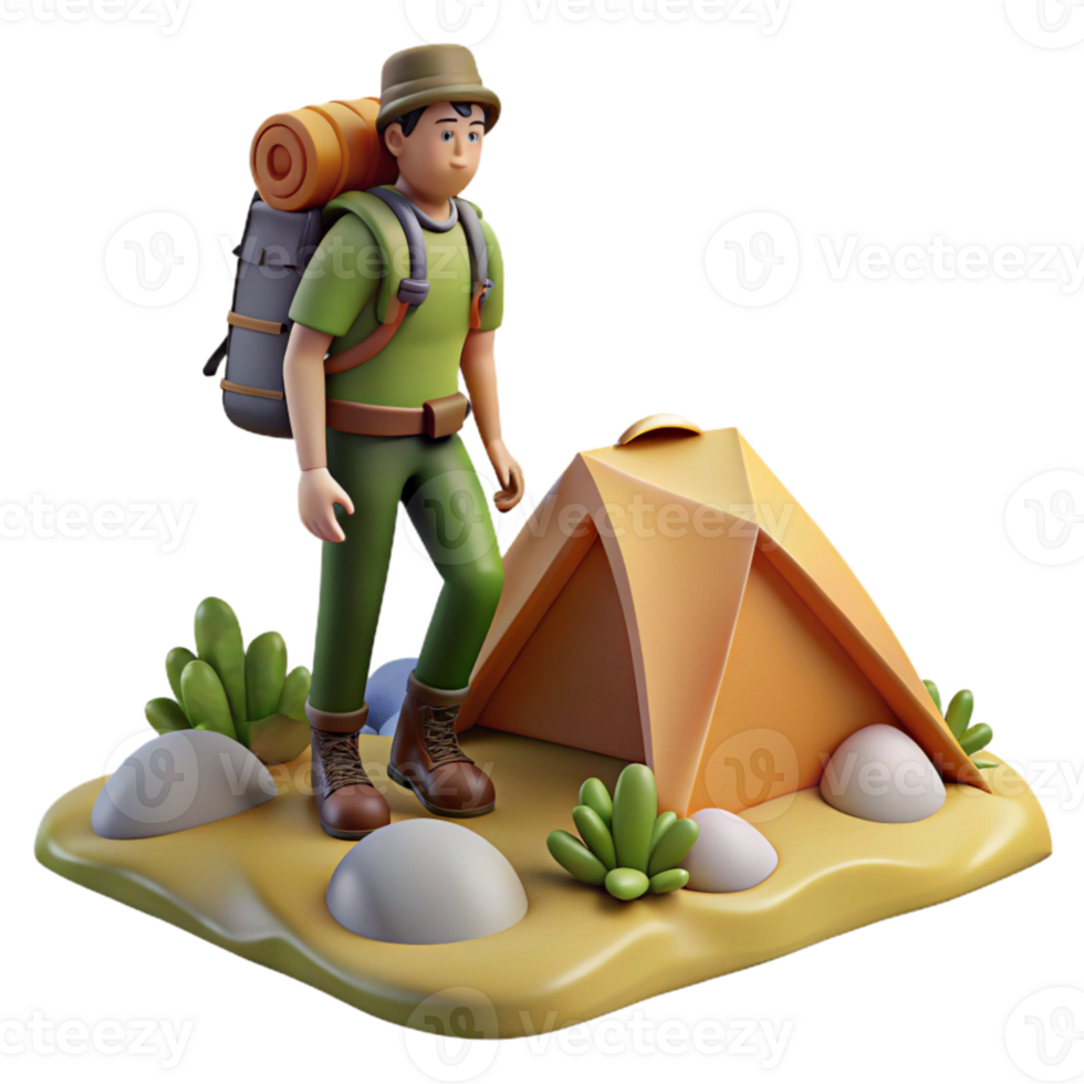 dramatic artistic Backpacker with Tent on Mountain Ridge high resolution png