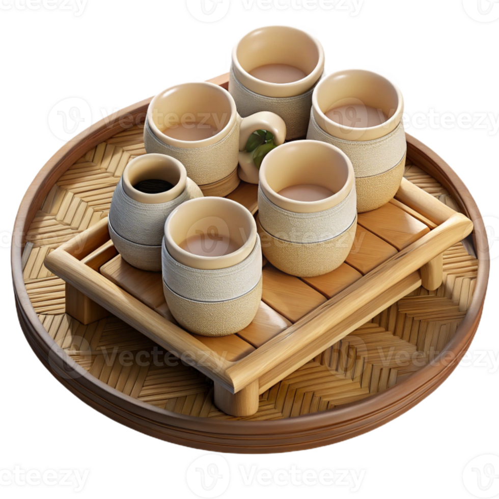 serene classic Bamboo Tray with Tea Cups and Saucer Set Cutout high resolution png