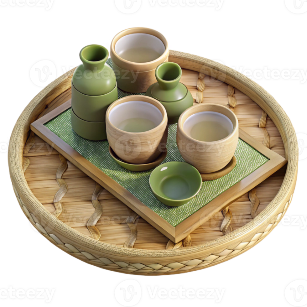 beautiful artistic Bamboo Tray with Tea Cups and Saucer Set Cutout high resolution png