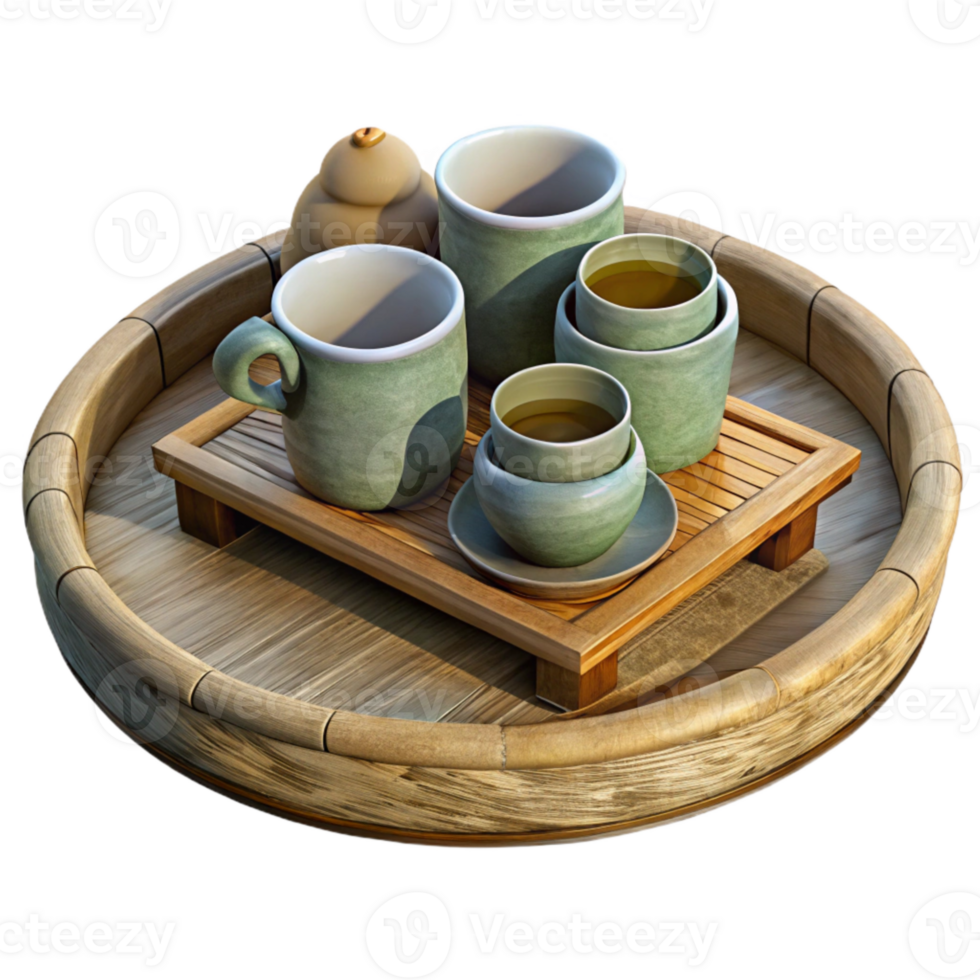 wonderful minimalist Bamboo Tray with Tea Cups and Saucer Set Cutout detailed png