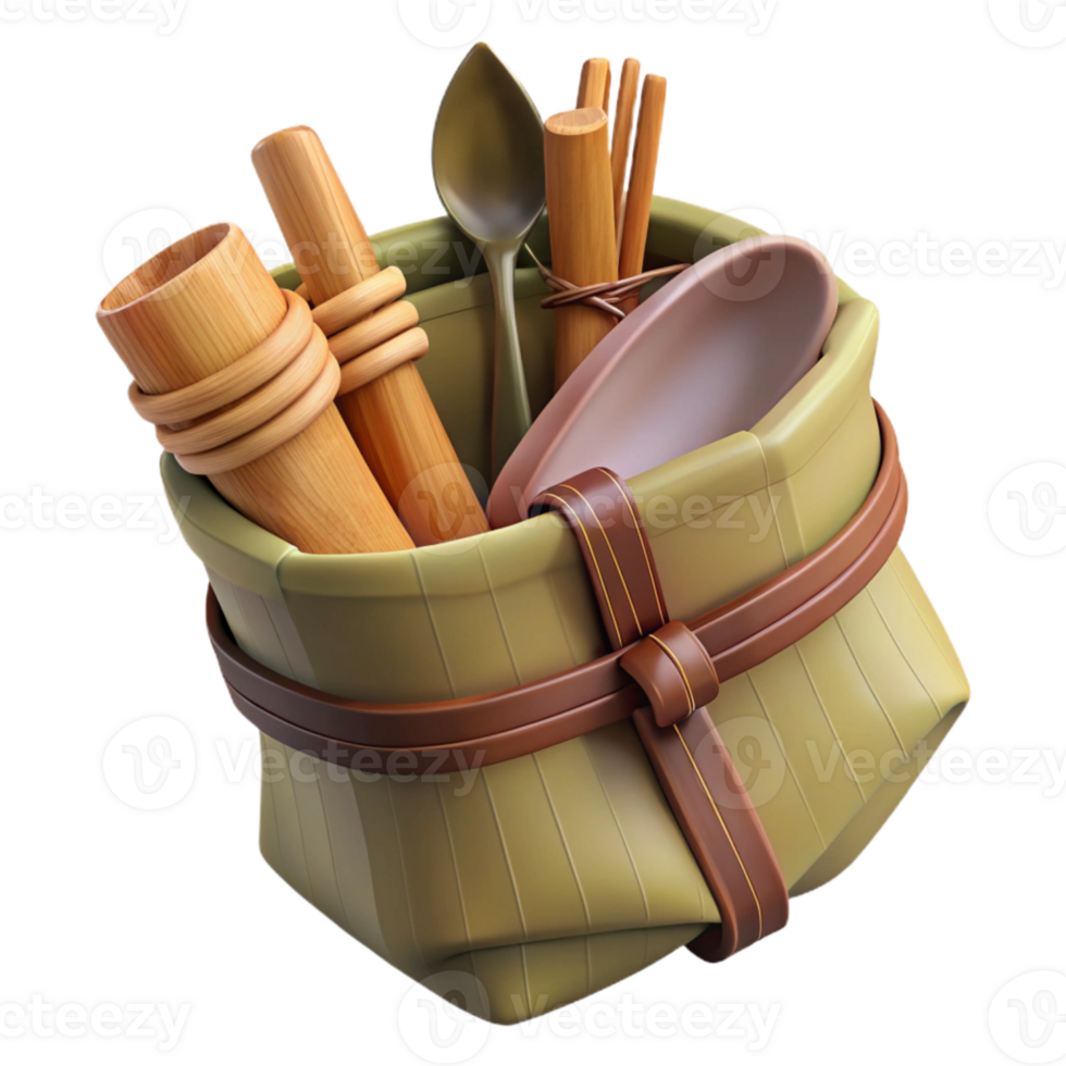 serene creative Bamboo Utensils in a Cloth Wrap Transparent Background premium png