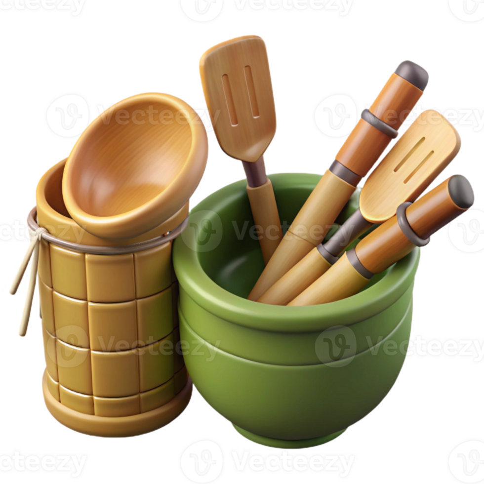 elegant artistic Bamboo Utensils Set Angled View Cutout authentic png