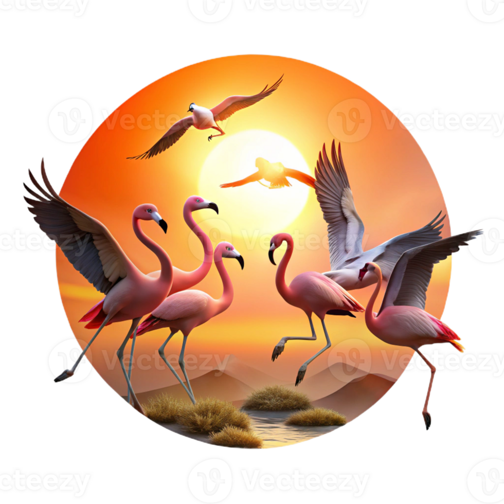 beautiful vintage A Flock of Flamingos Taking Flight Agains genuine png