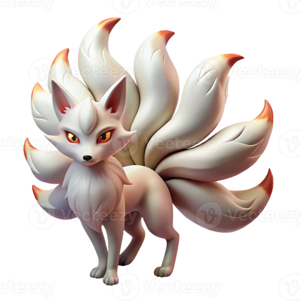 serene traditional A Kitsune with Nine Tails Fur Glowing In professional png