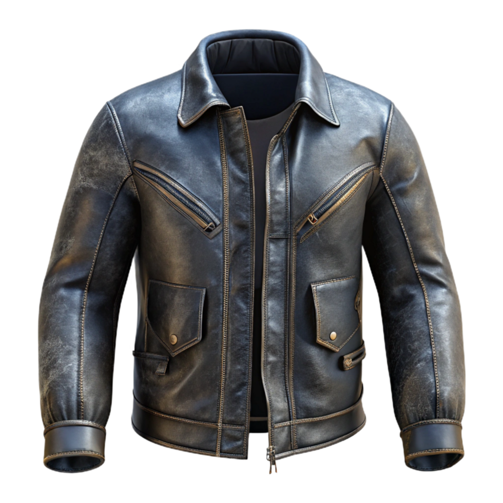 impressive rustic Black Leather Jacket Detail on White high resolution png