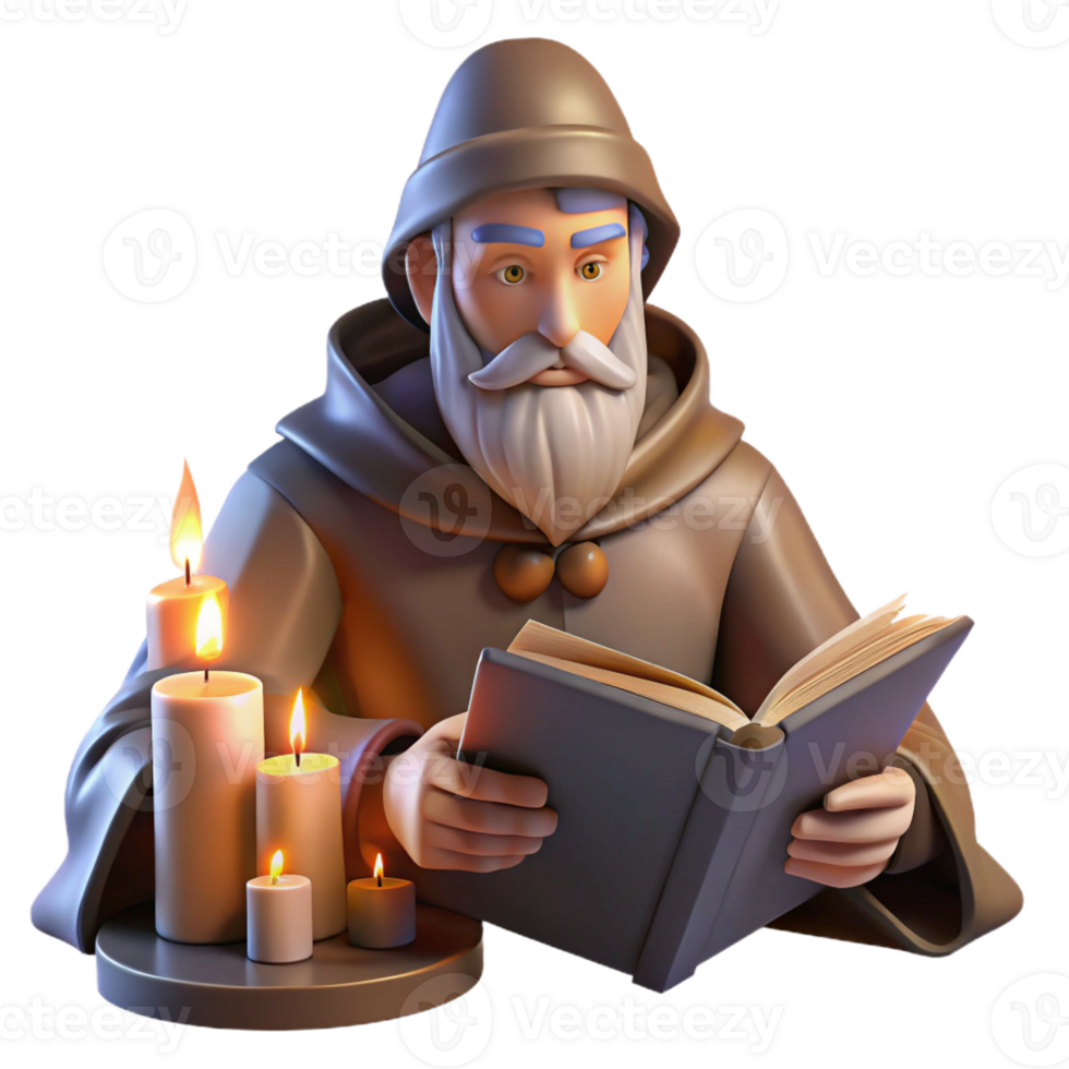 wonderful vintage A Solitary Wizard Studying an Ancient Tome detailed png