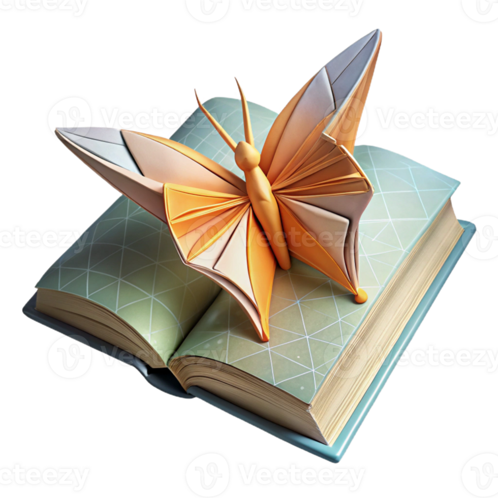 impressive rustic Book Page Origami Butterfly Side View Transparent Background authentic png