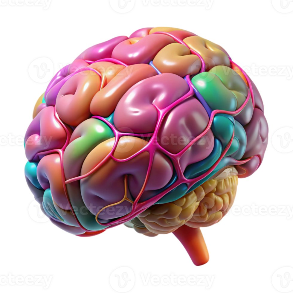 dramatic rustic Brain with Colorful Neurons Transparent Background high quality png