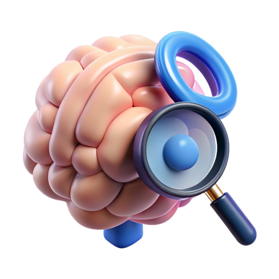 dramatic rustic Brain with Magnifying Glass Icon on White png