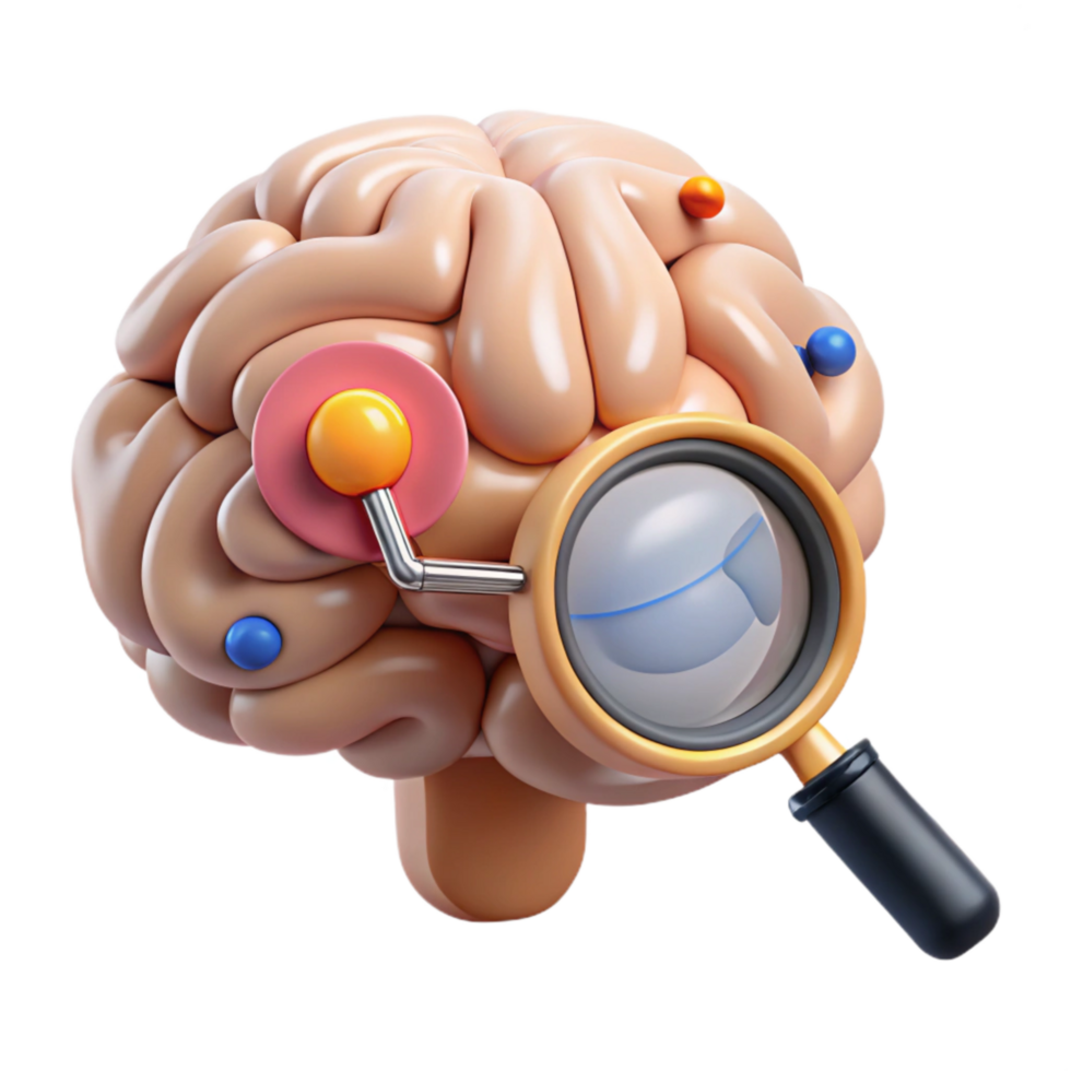 dramatic rustic Brain with Magnifying Glass Icon on White premium png