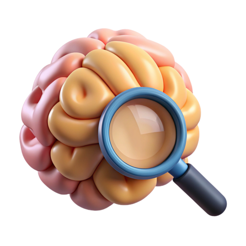 stunning contemporary Brain with Magnifying Glass Icon on White detailed png