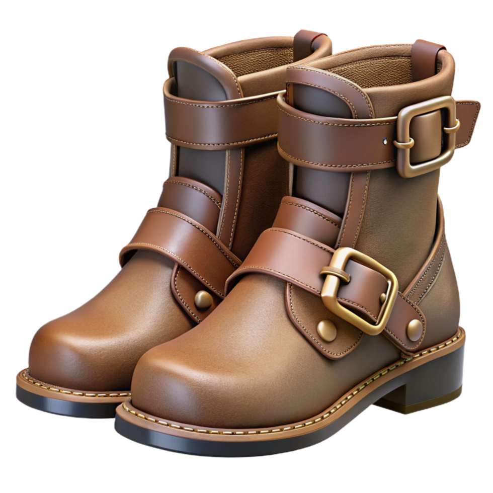 serene rustic Buckle Boots Brown Leather Side View Cutout Transparent Background exclusive png