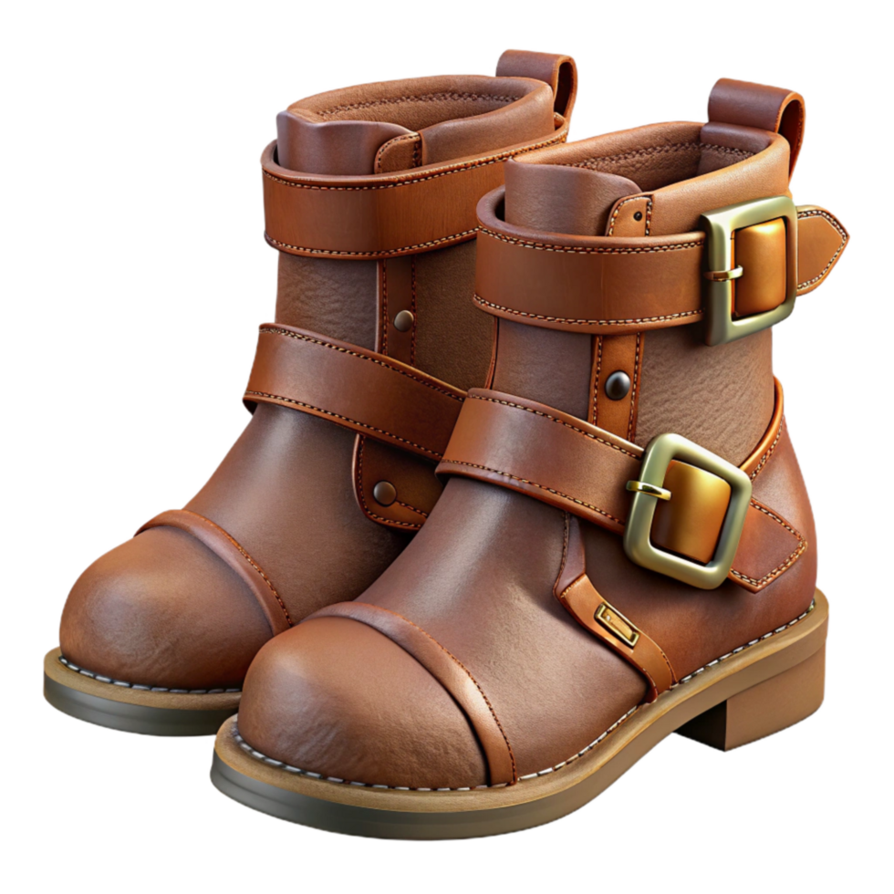 extraordinary creative Buckle Boots Brown Leather Side View Cutout Transparent Background high resolution png