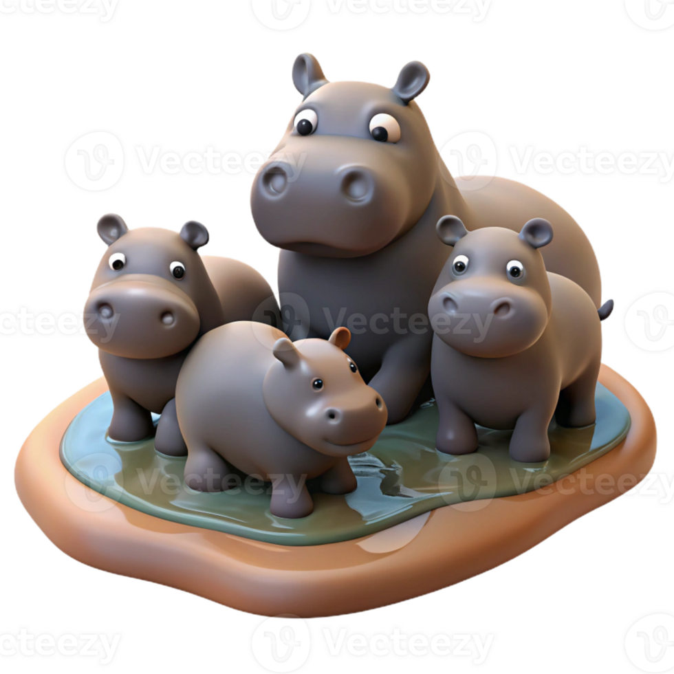 beautiful minimalist A Family of Hippos Wallowing in a Muddy Ri png