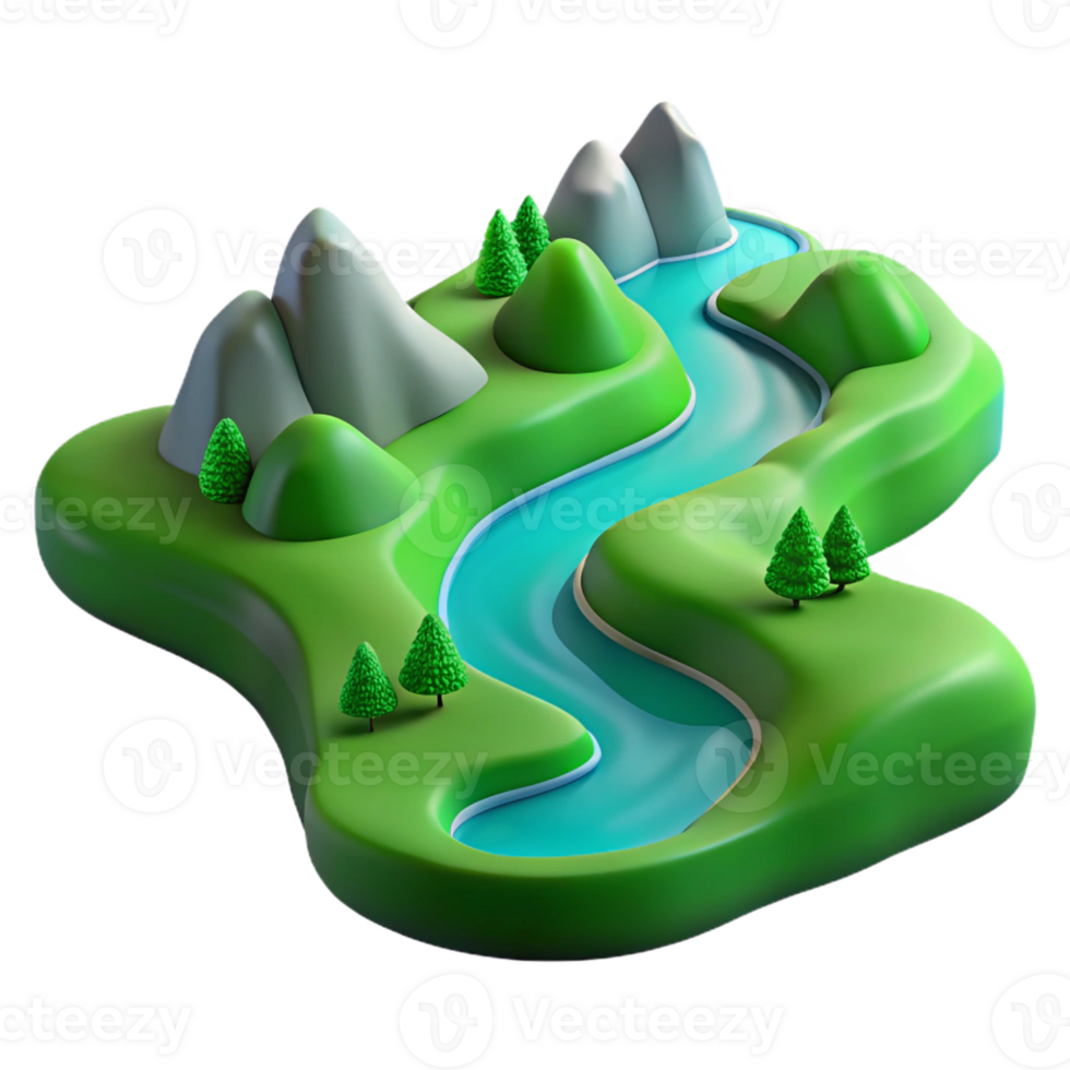serene rustic A Winding River Flowing Through a Green Val detailed png