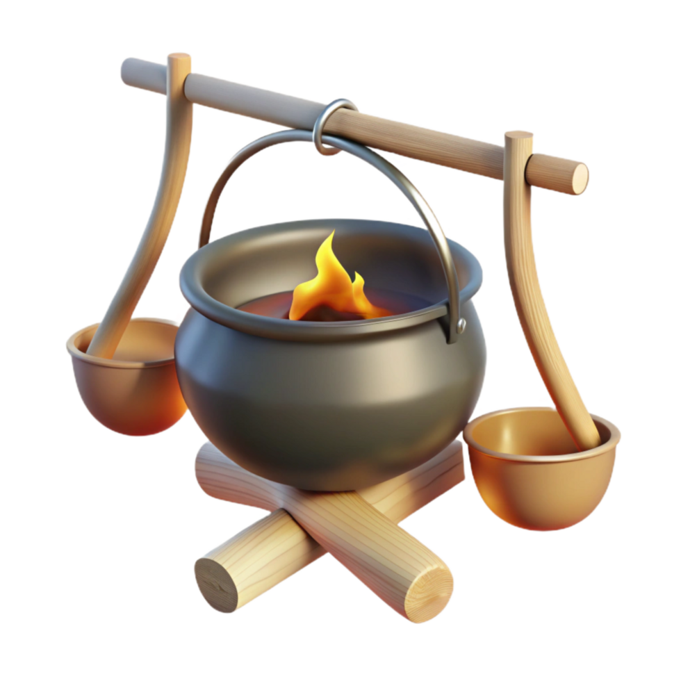 dramatic vintage Campfire Cooking Pot Hanging Over Flames Transparent authentic png